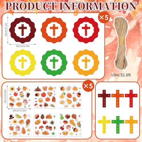 JarThenaAMCS 30 Set Fall Thanksgiving Wreath Craft Kit Autumn Christian DIY Crafts Make Your Own Wreath Cross Stickers Rope Hanging Ornament for Arts Activities Home Decorations