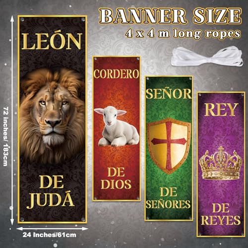 4Pcs Spanish Church Banners for Sanctuary Wall Worship Religious Banners Hanging Backdrop Christian Porch Signs Bible Verses Banner Scripture Hanging Signs for Church School Decor - style: Spanish Bible Verses