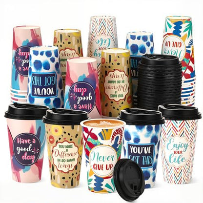 50 Pack 16 oz Disposable Coffee Cup with Lids Colorful Geometric - style: Colorful Geometric Inspirational Quotes