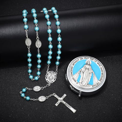 KOMI 6mm Glass Pearl Rosary Beads Catholic for Women with Metal Rosary Box Religious Gifts - style: Virgn Mary-blue