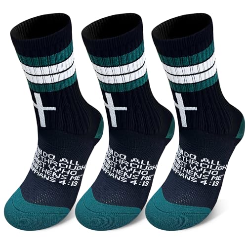 3 Pairs Cross Socks with Bible,Philippians 4: 13 Christian Socks US 6-13, Grip Sport Sock for Football, Soccer, Gym - color: Black Green