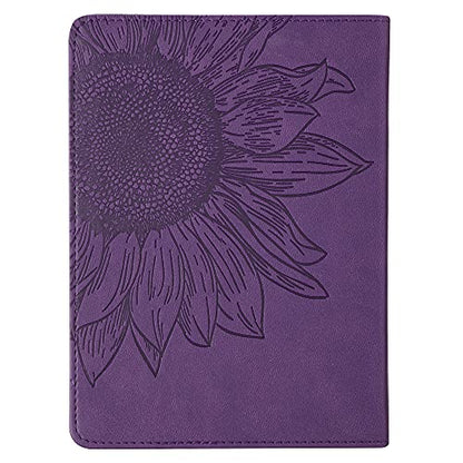 Christian Art Gifts Vegan Leather Small Journal Inspirational Scripture Women's Sunflower Notebook Strength & Dignity Bible Verse Proverbs 31:25, 240 Ruled Pages, Lavender Purple