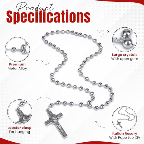 SANCTUM VERITAS Catholic Rosary Necklace | Large Italian Prayer Beads Gift - style: Silver Steel