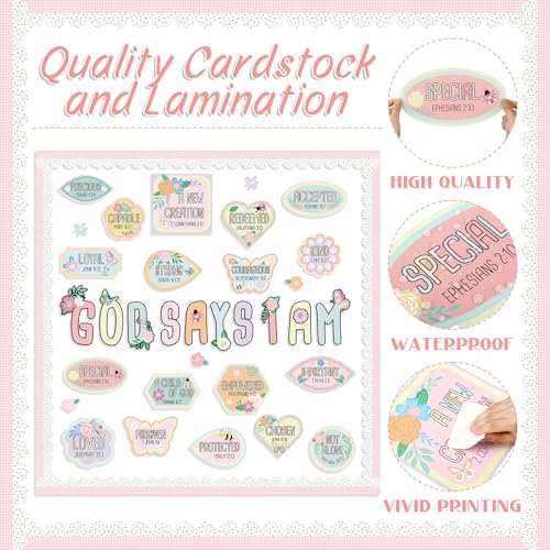 Bucherry Christian Bulletin Board Decorations Wildflowers Classroom Decor for Welcome Back God Says I Am Cutout Pastel Floral Inspirational Religious Board Sunday School Classroom Church Supplies - style: Pastel Floral