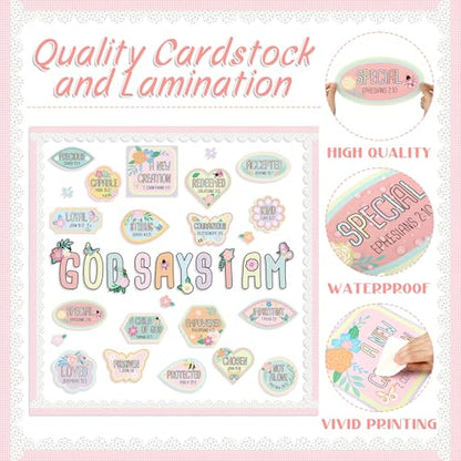 Bucherry Christian Bulletin Board Decorations Wildflowers Classroom Decor for Welcome Back God Says I Am Cutout Pastel Floral Inspirational Religious Board Sunday School Classroom Church Supplies - style: Pastel Floral