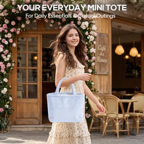 Sminra Small Bible Tote Bag for Women, Corduroy or Quilted Mini Tote Bag - color: Baby Blue