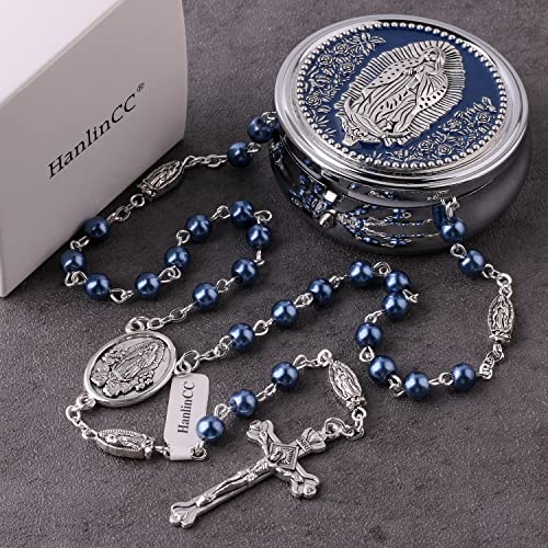 HanlinCC Guadalupe Catholic Rosary Glass Pearl Beads Necklace with Gift Box - color: Guadalupe Rosary Blue