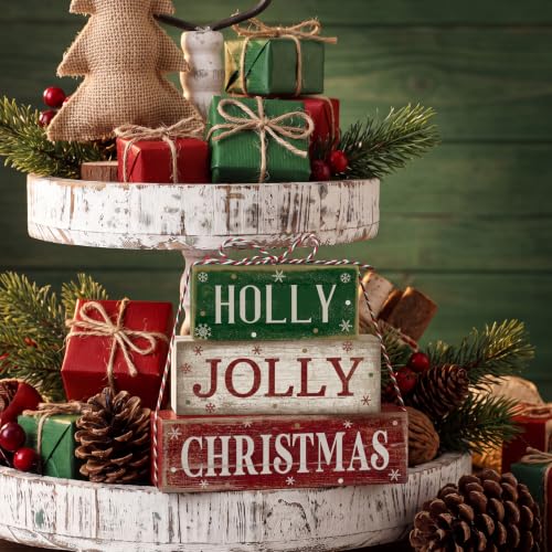 Moucuny 4 Pcs Christmas Table Decoration for Home Rustic Jolly Stacked Sign - style: Candy Christmas