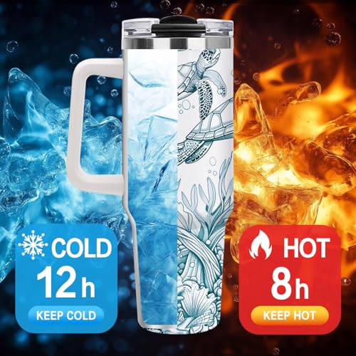 40oz Sea Turtle Tumbler with Straw Handle, Ocean Theme Gifts for Women Girls, Marine Life Stainless Steel Insulated Travel Coffee Mug Drink Cup for Teenagers Youth Birthday Graduation Beach Vacation - color: Sea Turtle-D-177