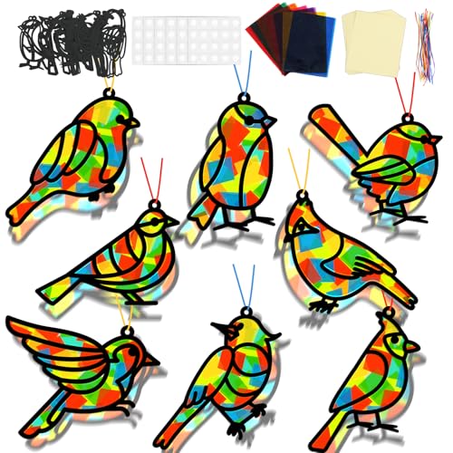 Lonfliness 32 Sets Bird Suncatchers Craft Kit DIY Birds Window Stained Glass Effect Paper Spring Home School Classroom Decoration Art Craft Creative Activity Project Gift Favor - style: Bird