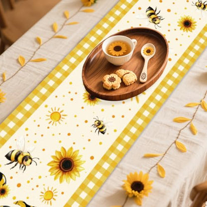 WADORN Sunflower Gnomes Bee Table Runner, 13x72 Inch Gnome Buffalo Plaid Yellow Kitchen Dining Table Decoration Spring Summer Seasonal Farmhouse Holiday Table Runner for Home Party Decor - size: Sunflower Gnomes Bee