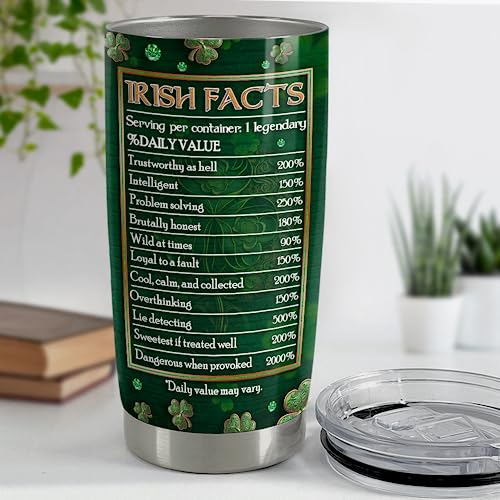 SANDJEST Irish Tumbler 20oz Irish Facts Celtic Cross Stainless Steel Tumbler with Lid Gift for Women Birthday Christmas - color: Irish