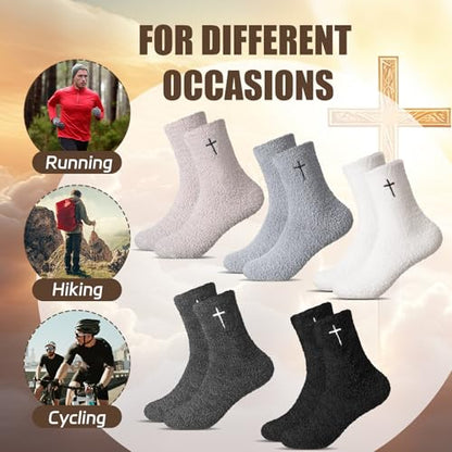 Cutecrop 5 Pairs Christian Gifts Socks Cross Print Fuzzy Socks Jesus Gifts Religious Fluffy Cozy Slipper Sock for Women Men - color: Light Color