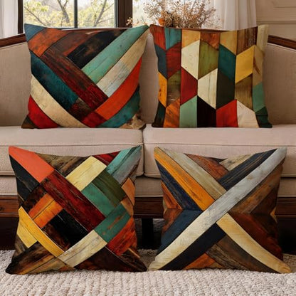 OBSEDE Retro Wood Grain Geometric Throw Pillow Covers 18 x 18 Inch Set of 4 - color: Retro Woodgrain Geometric Art, size: 18" x 18" (Pack of 4)