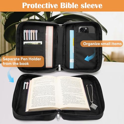 Mini Bible Cover Case for Women and Men, 7x5 PU Leather Bible Sleeve, Compact Travel Bible Carrier Bag with Front Pen Holders, Zipper Closure, Inner Pockets - Black - color: Black, size: 7''x5''x1.8''