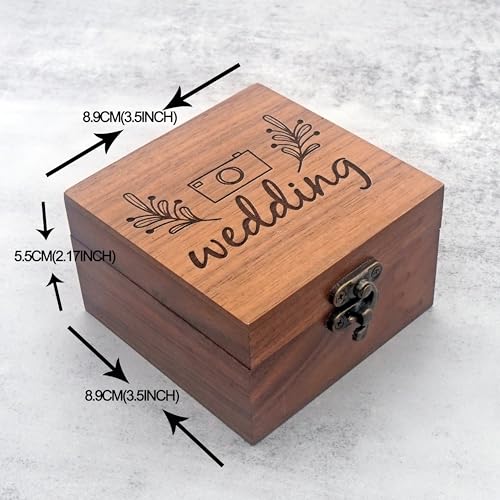 Handmade Walnut Wood Wedding Keepsake Box – 3.7"x3.7"x2.17" Jewelry Storage Gift Box with Engraved Camera & Floral Design – Ideal for Rings, Watches – Perfect for Wedding, Birthday, Christmas
