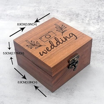 Handmade Walnut Wood Wedding Keepsake Box – 3.7"x3.7"x2.17" Jewelry Storage Gift Box with Engraved Camera & Floral Design – Ideal for Rings, Watches – Perfect for Wedding, Birthday, Christmas