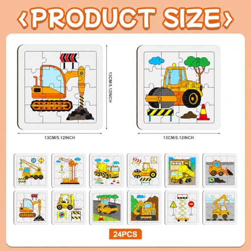 Cinrobiye 24 Pcs Construction Coloring Jigsaw Craft Kit for Kids, DIY Engineering Vehicle Activity Set Bulk with 12 Designs, Excavator Birthday Party Favors, Classroom Art Projects - color: Construction