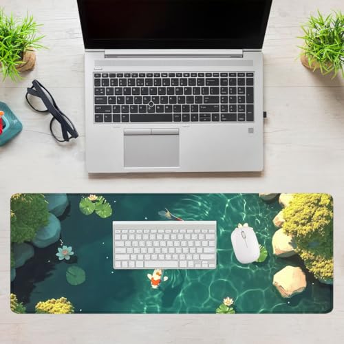 Koi Fish Gaming Mouse Pad 3D Carp Pond Lotus Leaf Swimming Mousepad Extended Large Laptop Keyboard Non-Slip Rubber Base with Stitched Edges for Home 31.5x11.8 in - color: Koi Fish, size: 31.5L x 11.8W inches