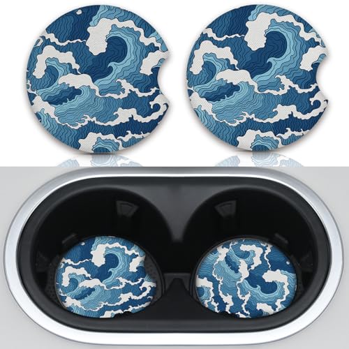2pcs Car Cup Holder Coasters Sea Wave Pattern Car Coasters，Universal Auto Anti Slip Coasters,Rubber Car Coasters with A Finger Groove, Cute Car Accessories for Women&Men - color: Sea Wave