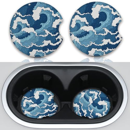 2pcs Car Cup Holder Coasters Sea Wave Pattern Car Coasters，Universal Auto Anti Slip Coasters,Rubber Car Coasters with A Finger Groove, Cute Car Accessories for Women&Men - color: Sea Wave