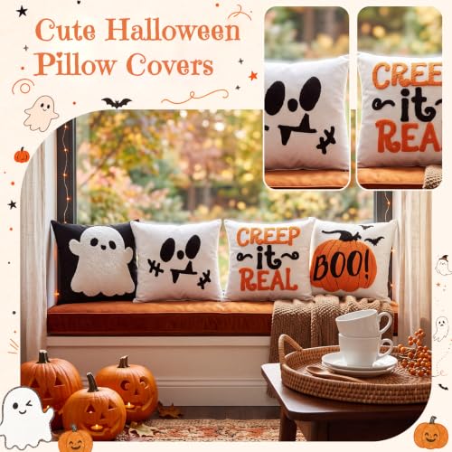 Mixweer 4 Pcs Halloween Pillow Covers Set, 18 x 18 Inch Embroidered Pumpkin Ghost Spooky Pillow Cases, Square Throw Cushion Cover, Fun Halloween Decor for Couch Sofa Bed Home - style: Halloween