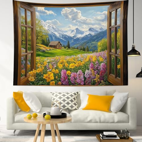 EOBTAIN Garden Window Tapestry Purple Yellow Floral and Cottage on Mountain Tapestry Wall Hanging Flower and Green Forest Nature Landscape Wall Art for Bedroom Living Room Dorm Room Decor,60x40 Inch - color: Yellow, size: 40"L x 60"W