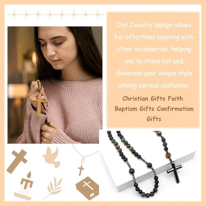 Roe Dolph Wooden Rosary Necklace for Women Catholic Rosary Beads with Cross Pendant Prayer Jewelry Religious Gifts for Travel and Daily Faith - color: D3-Black
