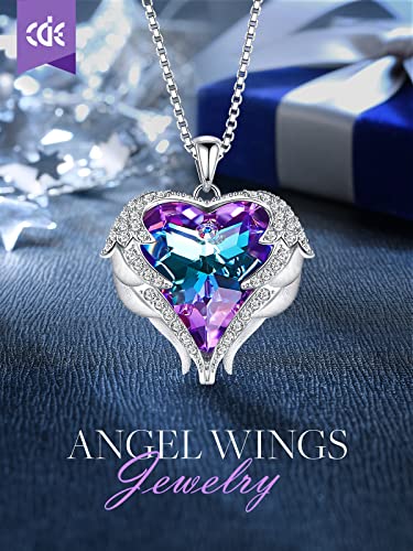 CDE Angel Wings Heart Birthstone Pendant Necklace Gift for Women - color: White-02-Amethsy Purple Birthstone