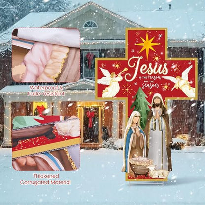 Aneco 47.2 Inch Large Christmas Holy Nativity Yard Sign Jesus is The Reason for The Season Lawn Signs with Metal Stakes Religious Christian Inspirational Decor for Xmas Outdoor Holy Family Garden