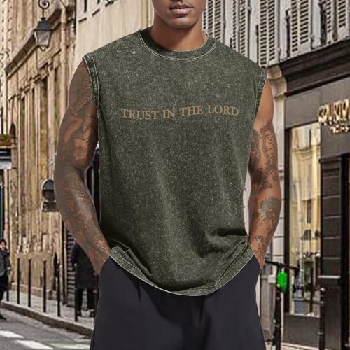 Mens Christian Tank Tops Trust in The Lord God Jesus Religious Faith Bible Verse Shirts Graphic Acid Wash Gym Tees - color: Army Green, size: X-Large