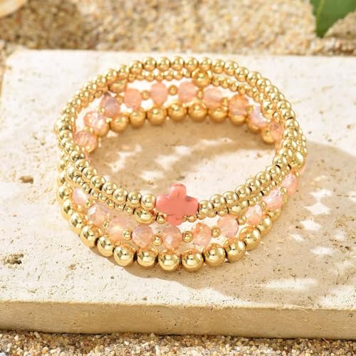 Colorful Cross Charm Bracelets for Women Men Adjustable Gold Plated Beaded Bracelet Boho Bead Ball Stretch Bracelet Birthday Summer Beach Jewelry - color: Pink B