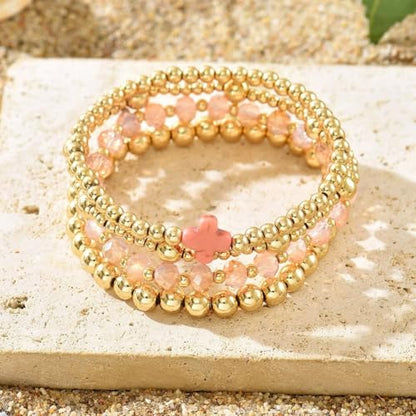 Colorful Cross Charm Bracelets for Women Men Adjustable Gold Plated Beaded Bracelet Boho Bead Ball Stretch Bracelet Birthday Summer Beach Jewelry - color: Pink B
