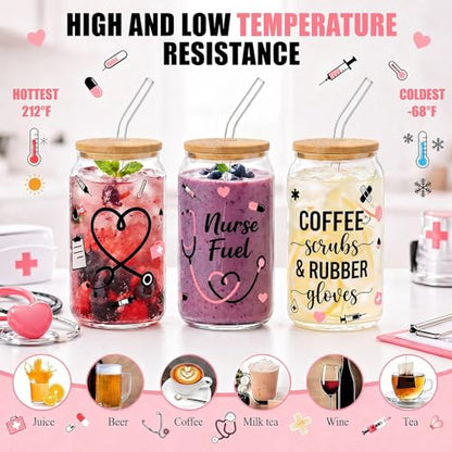 Glass Cups with Lids and Straws, 4Pack, 16oz, Nurse Nursing - color: Nurse Appreciation