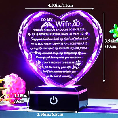 Arikyrist Romantic Wife Gift from Husband with Colorful LED Base Anniversary Birthday Gifts for Wife Crystal Keepsake I Love You Gift for Her on Mothers Day Valentine Christmas - color: Wife Gifts + Light Base