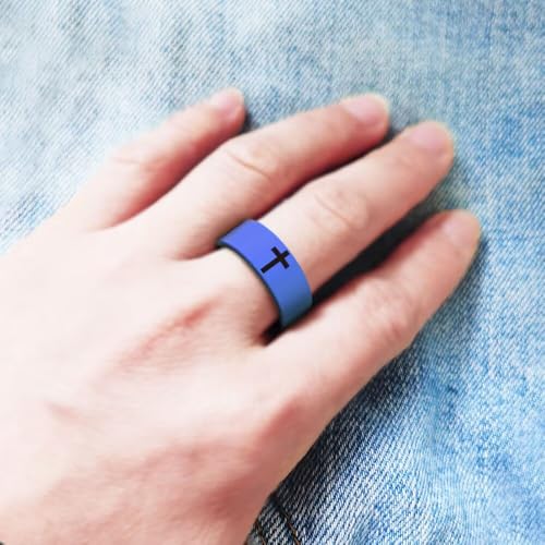 XAHH 2PCS Silicone Ring Set for Men Women,Classical Simple Christian Cross Religious Couple Rubber Wedding Bands - style: Green Blue