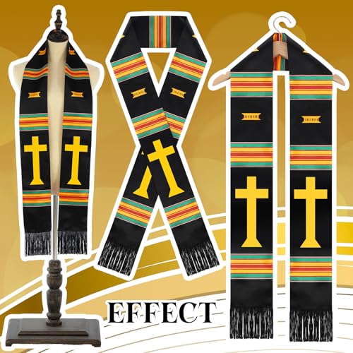 Geyoga Graduation Stole Kente Stole Black Authentic African Art 72" x 4.8" for Adult College Unisex Grads Celebrate - style: Christian Cross