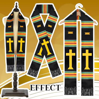 Geyoga Graduation Stole Kente Stole Black Authentic African Art 72" x 4.8" for Adult College Unisex Grads Celebrate - style: Christian Cross