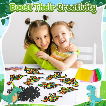 Lonfliness 32Sets Dinosaur Suncatchers Crafts Kit DIY Dino Window Stained Glass Effect Paper Dinosaur Animal Home School Classroom Decoration Art Craft Creative Activity Project Kid Gift Favor - style: Dinosaur