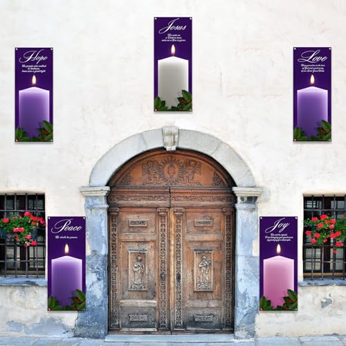 5Pcs 2x5 Ft Religious Church Banner with Scripture Christian Candles Banners for Sanctuary Wall Hope Peace Joy Love Jesus Prayer Flag Welcome Religious Praise Hanging Signs Decor for Holiday Church - size: 2x5Ft