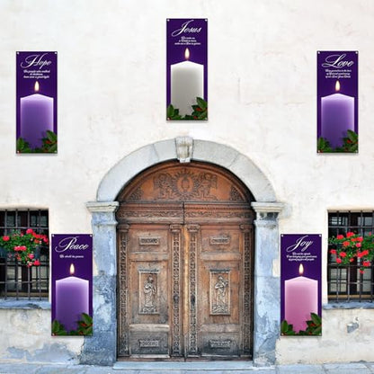 5Pcs 2x5 Ft Religious Church Banner with Scripture Christian Candles Banners for Sanctuary Wall Hope Peace Joy Love Jesus Prayer Flag Welcome Religious Praise Hanging Signs Decor for Holiday Church - size: 2x5Ft