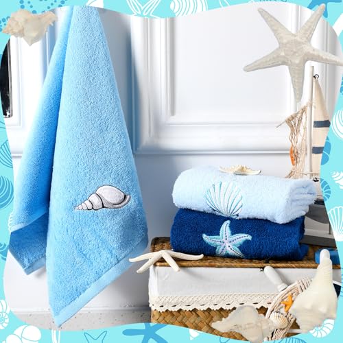 SmoothNovelty 3 Pcs Blue Coastal Hand Towels Cotton Bathroom 13.3" x 29.5" - color: Ocean, size: 13.3 x 29.5 inches