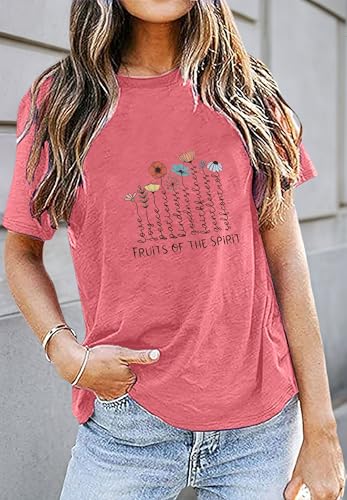 Women's Christian Shirt Fruit of The Holy Spirit Flower T-Shirt Inspirational Bible Text Top - color: Z-q6013-pink, size: Small