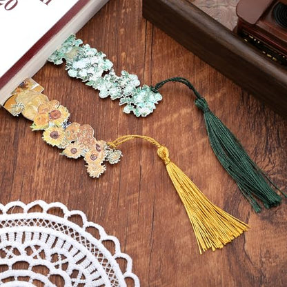 2 Metal Bookmarks with Tassel, Oil Painting Sunflowers and Vase with Roses - style: 《Sunflowers》 and 《Vase with Roses》