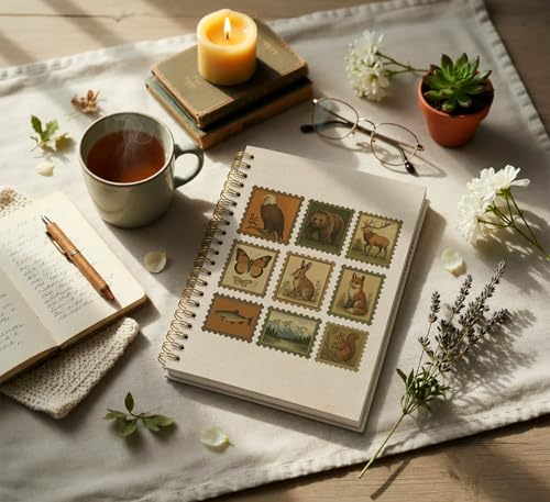 KDHTY Vintage Cottagecore Notebook Journal Postal Stamp Animal Journal Notebook,Fox Fish Notebooks College Ruled for Office School Classroom,Funny Notebook Office Supplies Gifts,5.5 x 8.3 - color: stamp