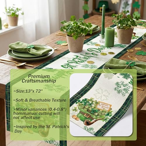 St. Patrick's Day Table Runner, Lucky Leprechaun Hat and Gold Coins Green Shamrock Clover Table Decor, Seasonal Buffalo Plaid Kitchen Dining Decoration for Holiday Home Party, 13x72 Inch - style: Lucky Leprechaun Hat
