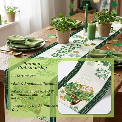 St. Patrick's Day Table Runner, Lucky Leprechaun Hat and Gold Coins Green Shamrock Clover Table Decor, Seasonal Buffalo Plaid Kitchen Dining Decoration for Holiday Home Party, 13x72 Inch - style: Lucky Leprechaun Hat