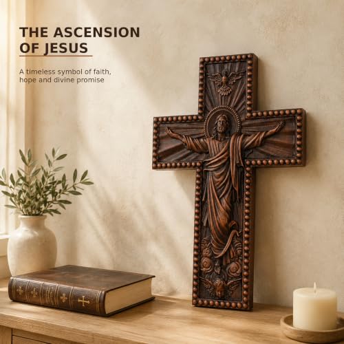 QIADGE Ascension of Jesus Handmade Cross Catholic Wall Decor Wooden Christian Decoration Gift Wood Carved Handmade Craft cross for wall baptism favors wooden cross(19.6 * 15.4 in) - size: 19.6*15.4 in