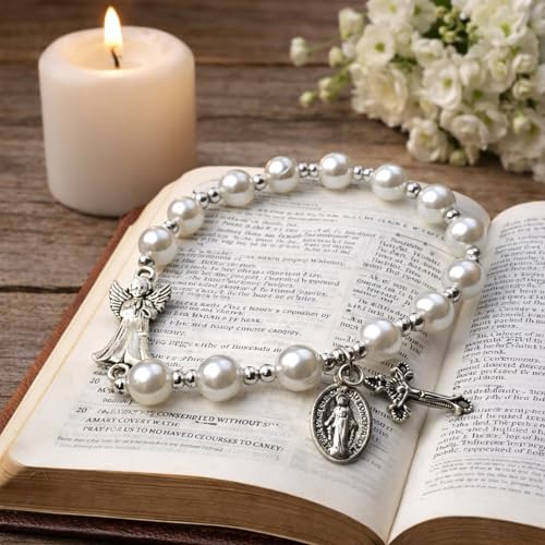 Westmon Works Guardian Angel Bracelet for Females Glass Bead Rosary Bracelet with Laminated Matching Holy Card Made in USA First Communion Gift