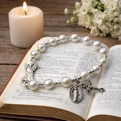 Westmon Works Guardian Angel Bracelet for Females Glass Bead Rosary Bracelet with Laminated Matching Holy Card Made in USA First Communion Gift